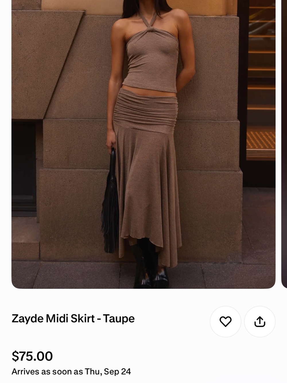 Peppermayo Taupe Ruched Midi Skirt